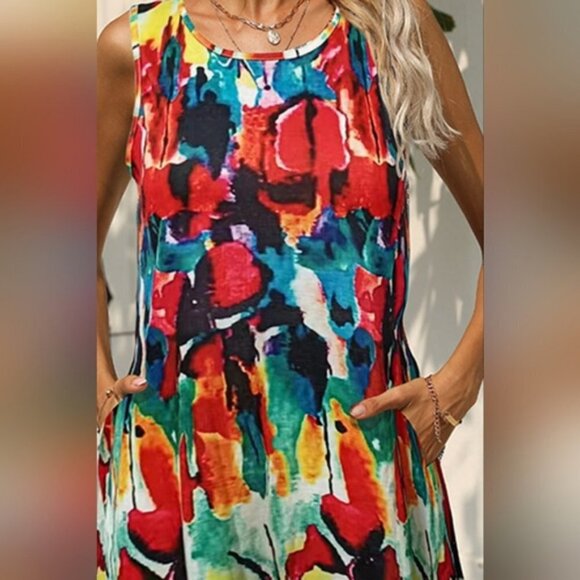 Perfect Summer Printed Round Neck Sleeveless Dress with Pockets - NWOT - Picture 3 of 6